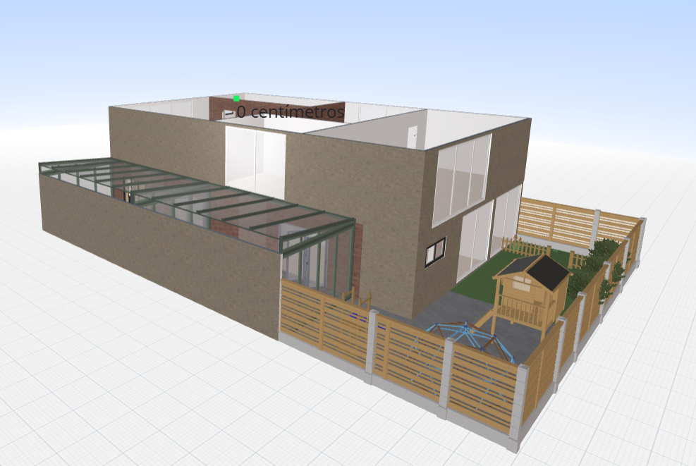 Render 3D del patio exterior con huerto escolar